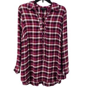 Lane‎ Bryant 14/16 Purple Pink Rayon Flannel Plaid Lace Up Collar Top Pre-Owned